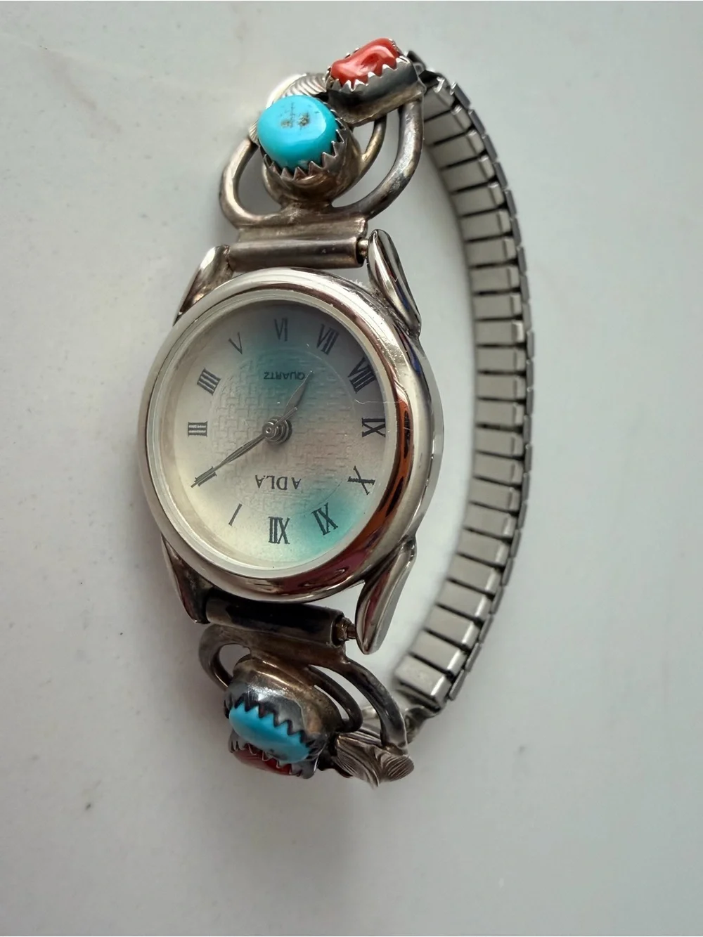 Adla Quartz Sterling Silver Turquoise & Coral Stone Bracelet Watch-Vintage rare